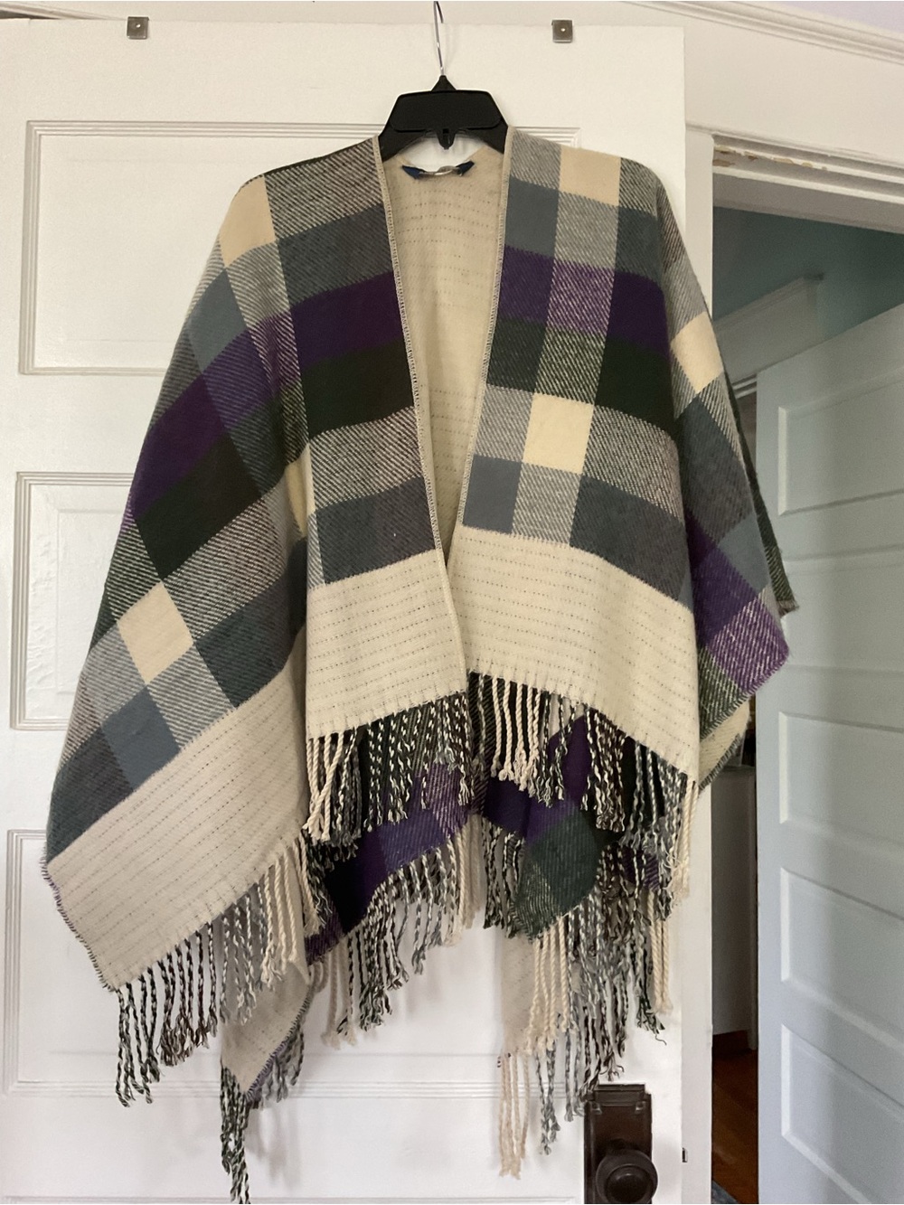 Sperry Cream, Gray & Purple Plaid Fringe Poncho Wrap